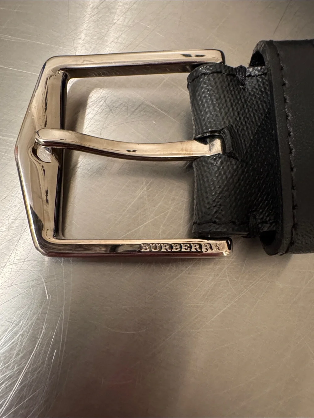 Burberry Black & Gray Men's Leather Belt with Silver Buckle